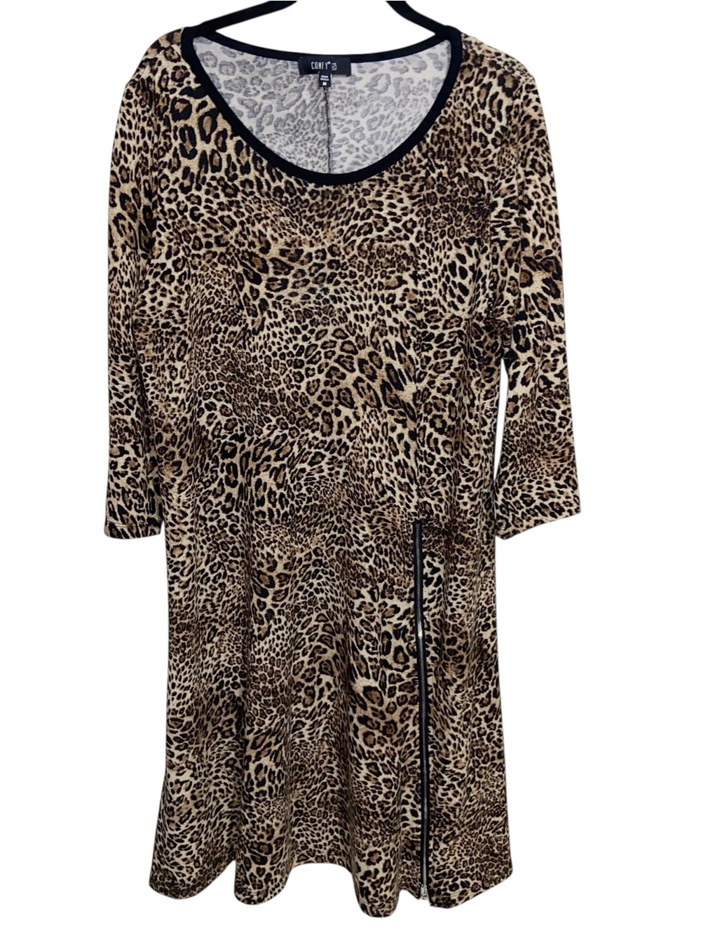 COMFY USA Dress Womens Medium Lagenlook Artsy Boho Leopard A-line Stretch Zipper